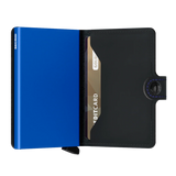 Geöffnetes Secrid Miniwallet Matte 10 cm in black-blue