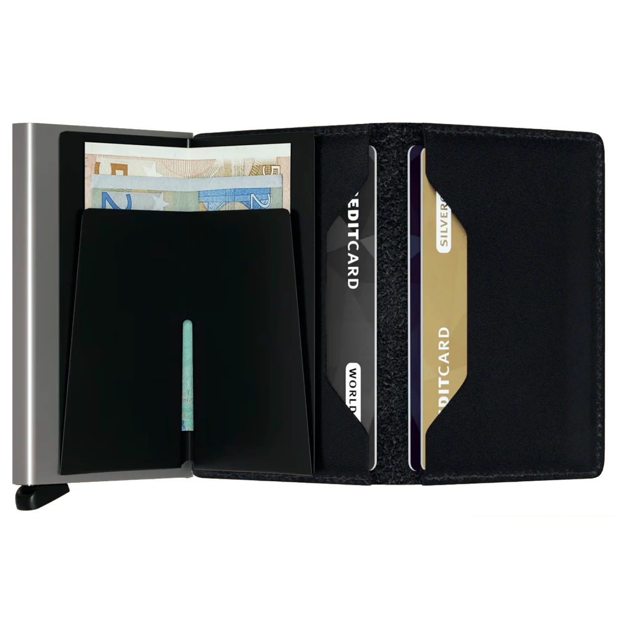 Secrid Geldbörse schwarz - geöffnet mit sichtbaren Kartenfächern