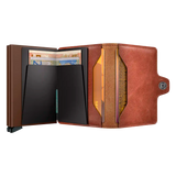 Secrid Twinwallet Vintage Cognac-Brown geöffnet mit Kartenfächern und Platz für Geldscheine