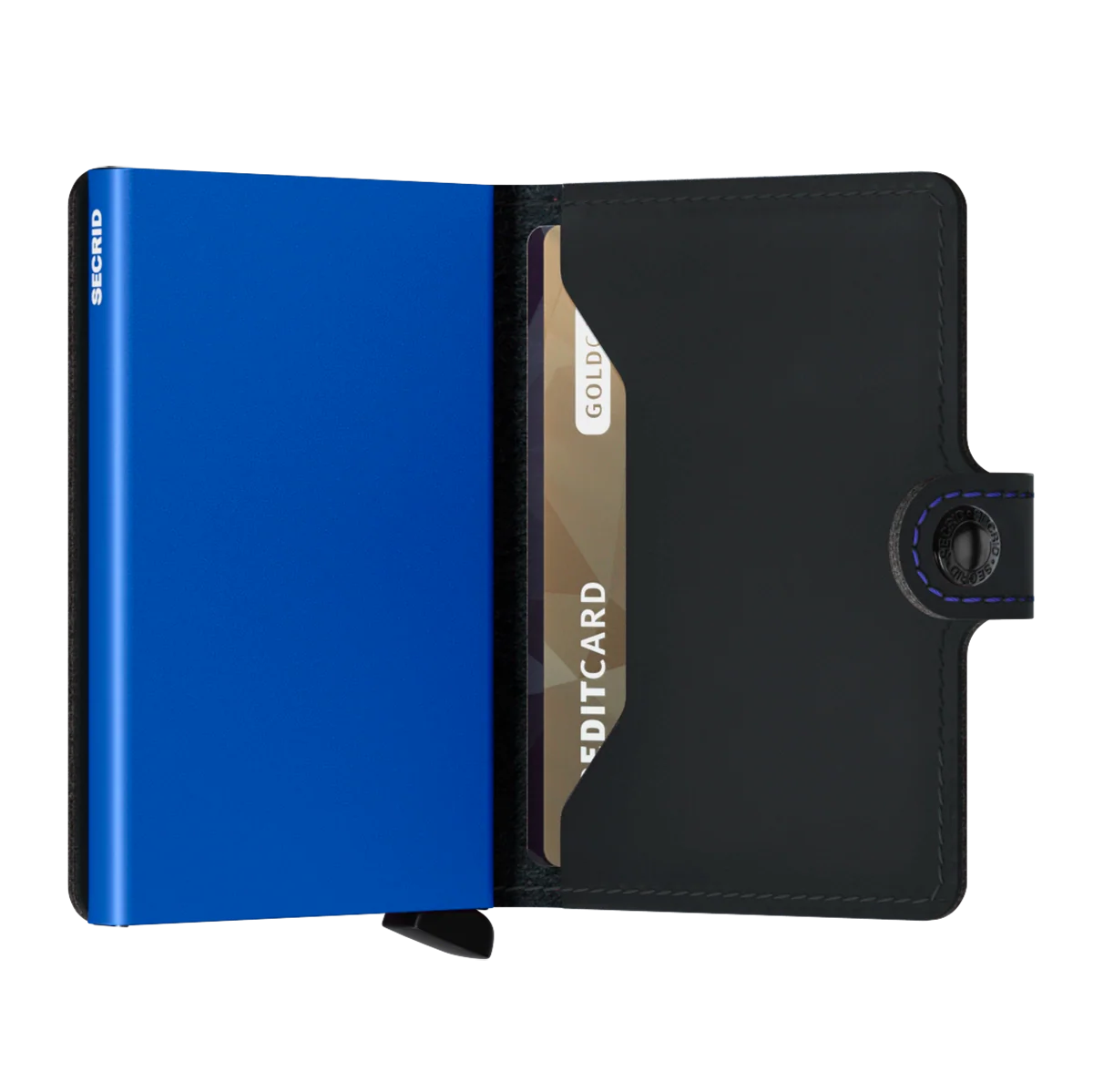 Geöffnetes Secrid Miniwallet Matte 10 cm in black-blue