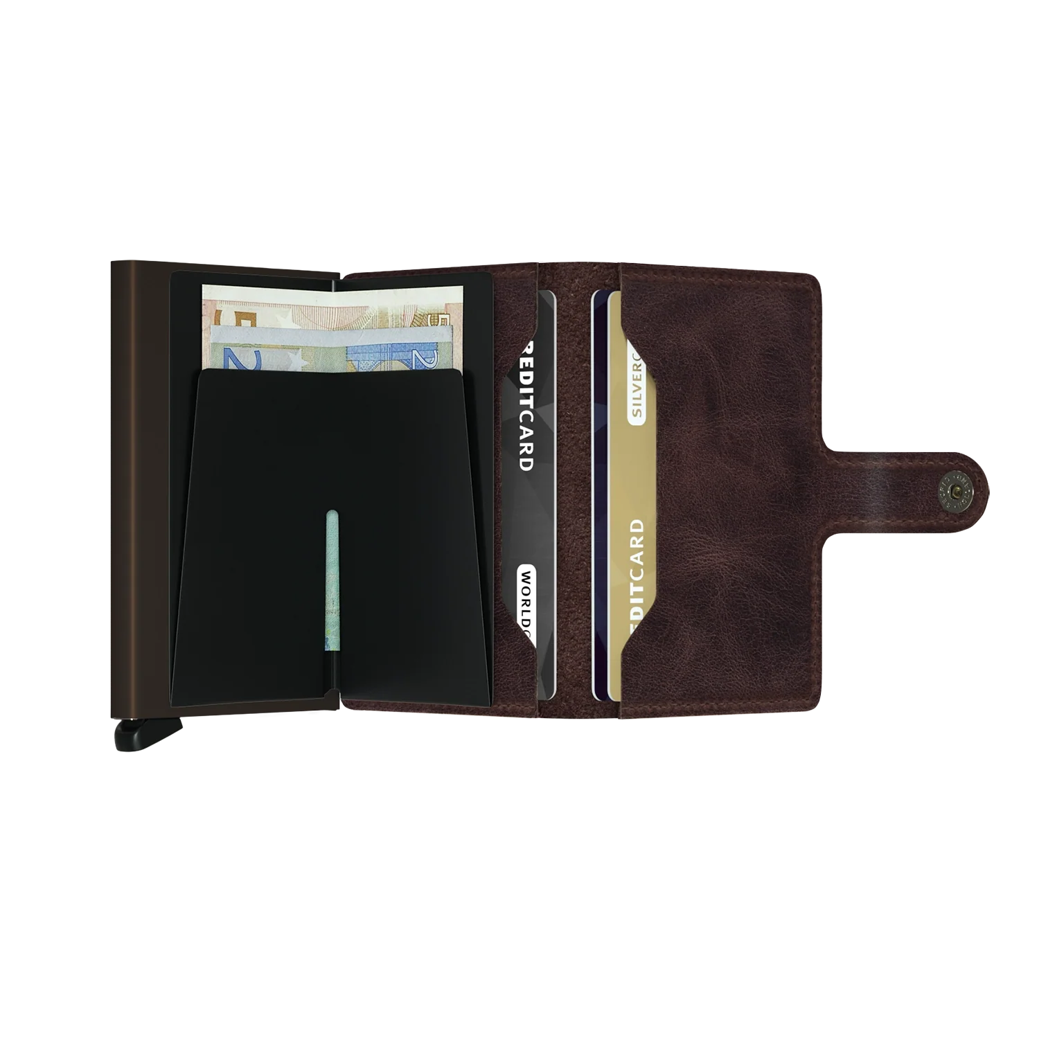 Geöffnetes Secrid Miniwallet Vintage in chocolate mit Platz für Kreditkarten und Geldscheinen