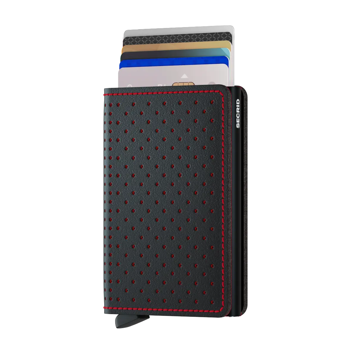 Secrid Slimwallet Perforated in Black-Red mit Schiebemechanismus für Kreditkarten