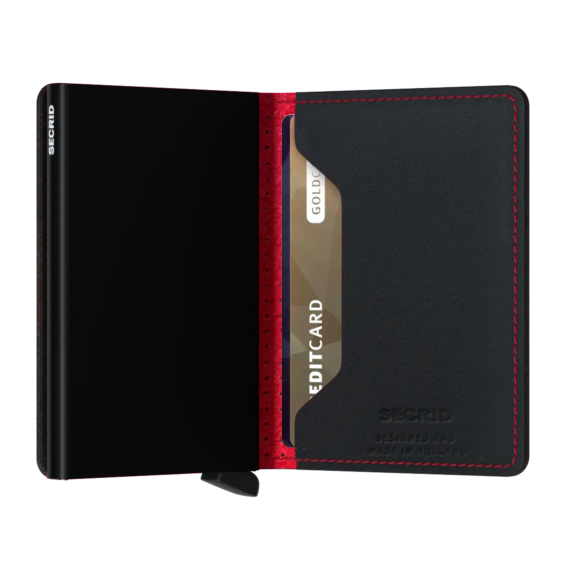 Geöffnetes Secrid Slimwallet Perforated in Black-Red